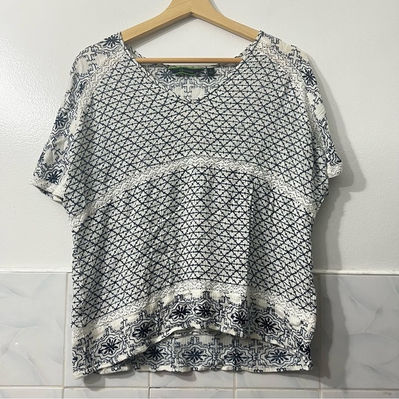 C Wonder White Blue Small Crochet Short Sleeves Boho Chic Summer Casual Top - Picture 1 of 8